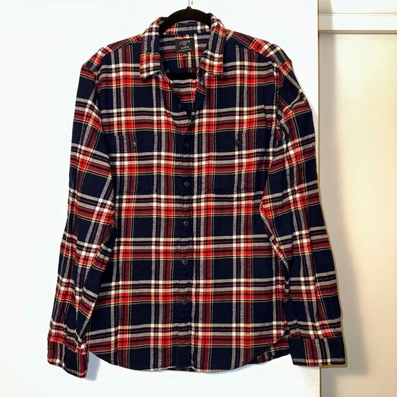J. Crew Tops - J. Crew Large Button Down Flannel Shirt NAVY Blue Red Plaid Collared Womens EUC